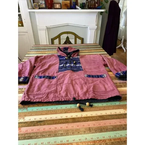 Vintage Baja Poncho Hoodie M Blanket Pullover Hippie Festival India Thailand - Picture 16 of 16